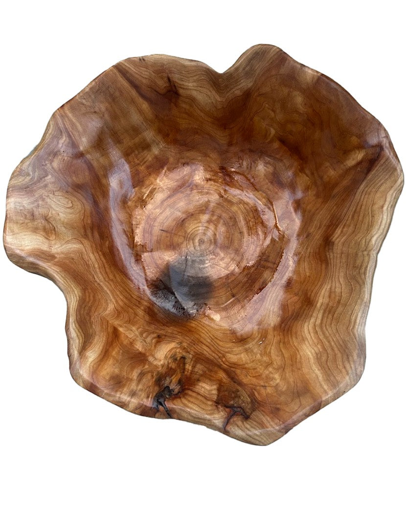 Natural Wonders USA large cedar serving bowl with natural wood grain and rustic edge, 16" round.