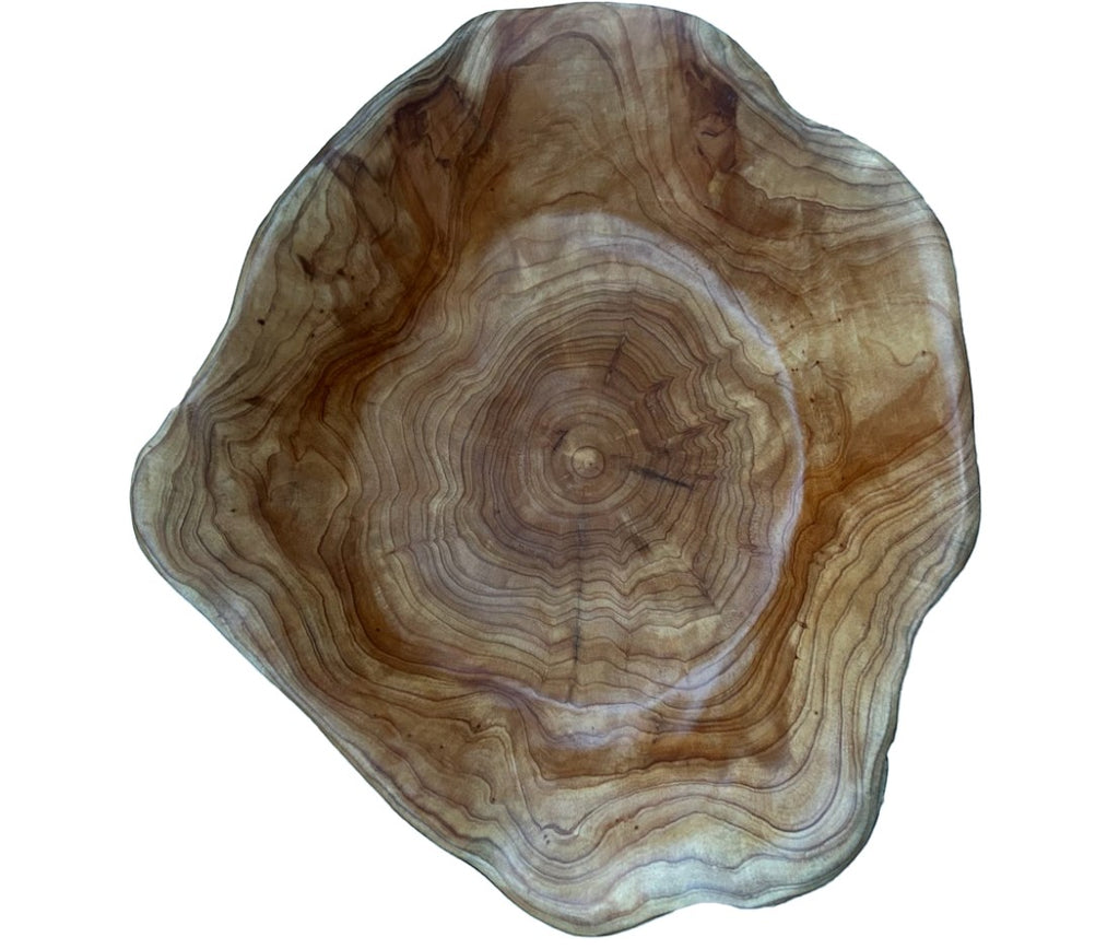 Natural Wonders USA large cedar serving bowl with natural wood grain and irregular edge, 5" tall x 16" round.