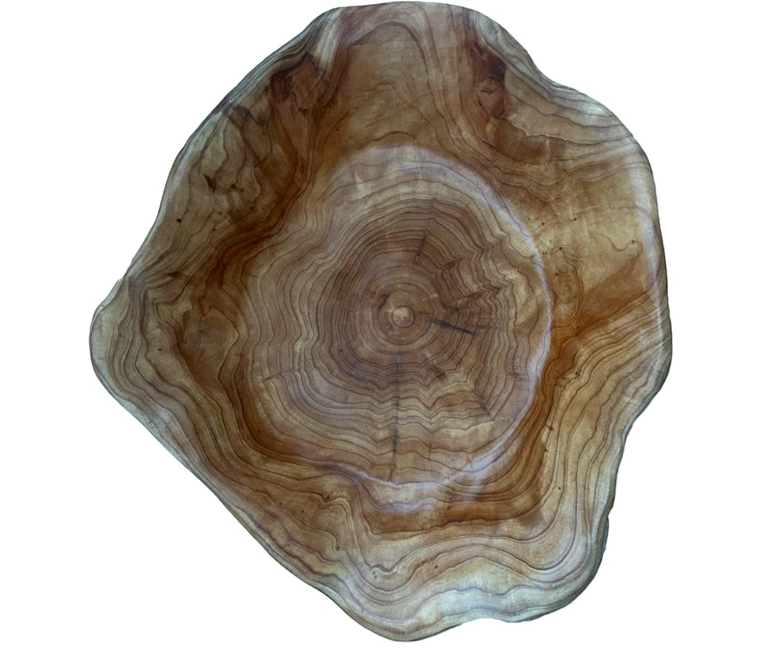 Natural Wonders USA large cedar serving bowl with natural wood grain and irregular edge, 5" tall x 16" round.