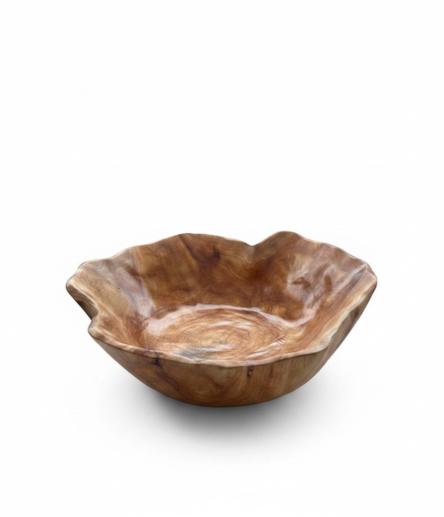 Natural Wonders USA large rustic cedar wood serving bowl with distinctive grain and wavy edges, 5" tall x 16" round.