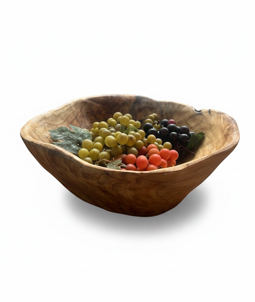 Natural Wonders USA large rustic cedar wood serving bowl filled with green, red, and black grapes.