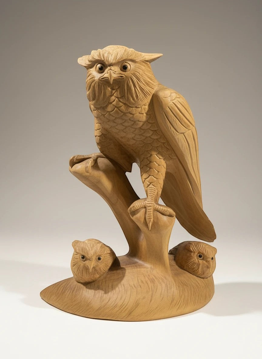 Natural Wonders USA wooden sculpture of a mantled owl with two fledglings perched on a branch. Detailed wood carving.