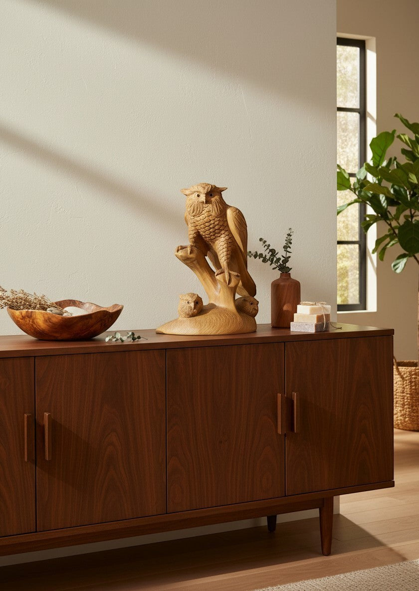 Natural Wonders USA wooden sculpture of a mantled owl with two fledglings perched on a branch. Detailed feathering and wise eyes.