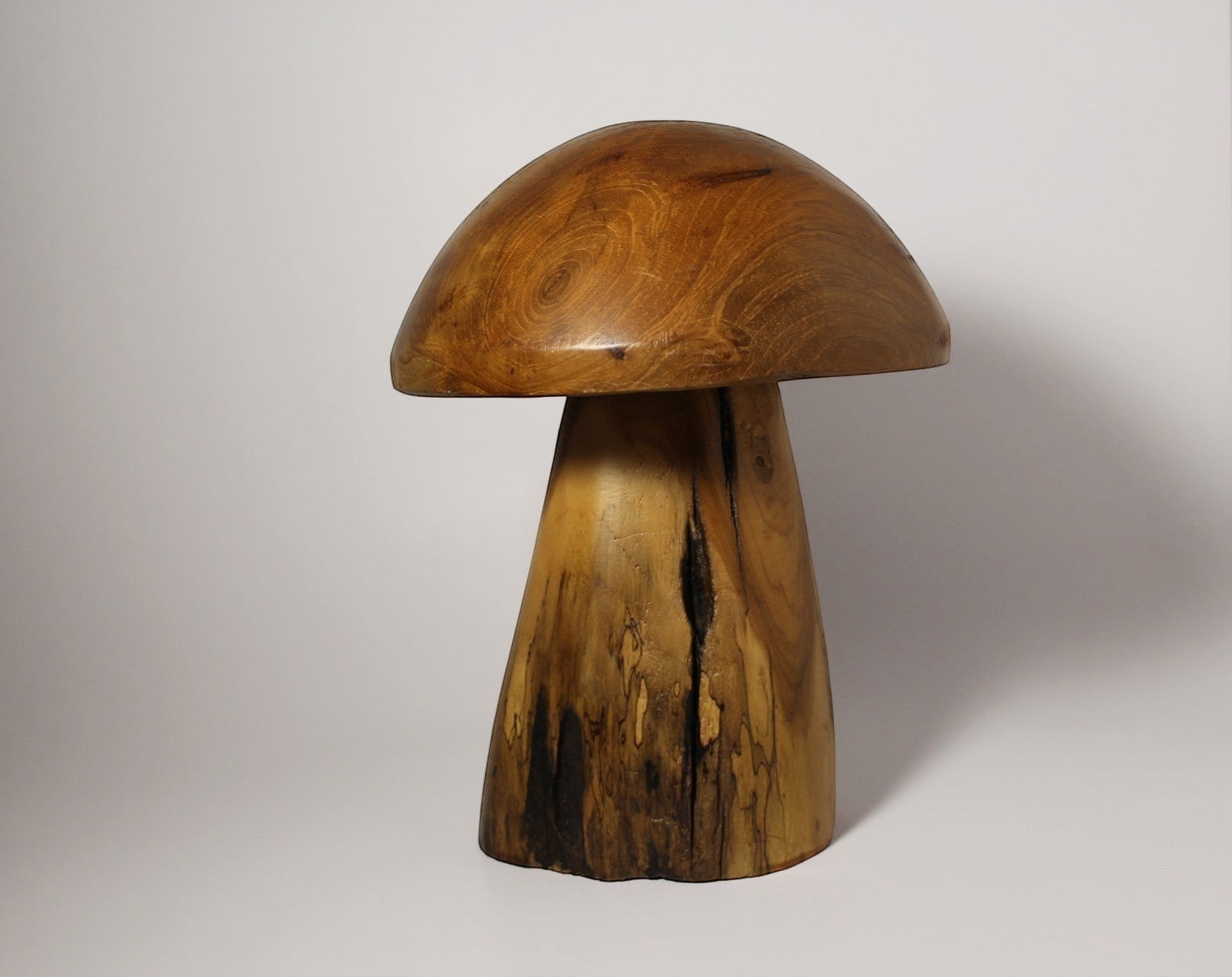 Natural Wonders USA mini wooden mushroom sculpture with natural wood grain and dark accents. Whimsical decorative accent.