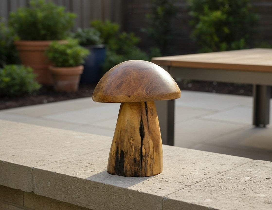 Natural Wonders USA mini wooden mushroom sculpture with natural grain and dark accents. Decorative accent.