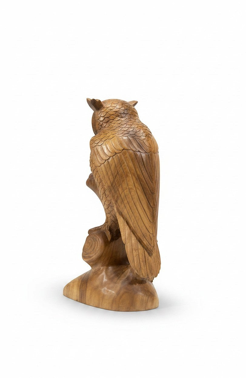 Natural Wonders USA wooden mantled owl sculpture with fledglings, 24" tall, detailed feathers.