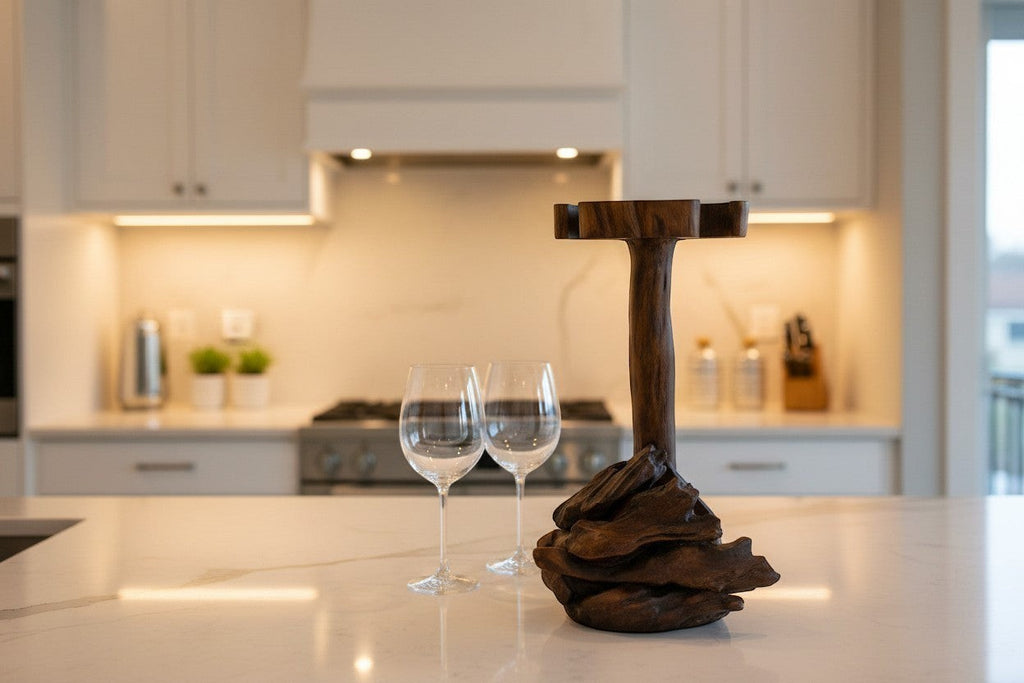 Natural Wonders USA rustic dark wood wine bottle holder and glass stand with sculptural base. Unique handcrafted piece.