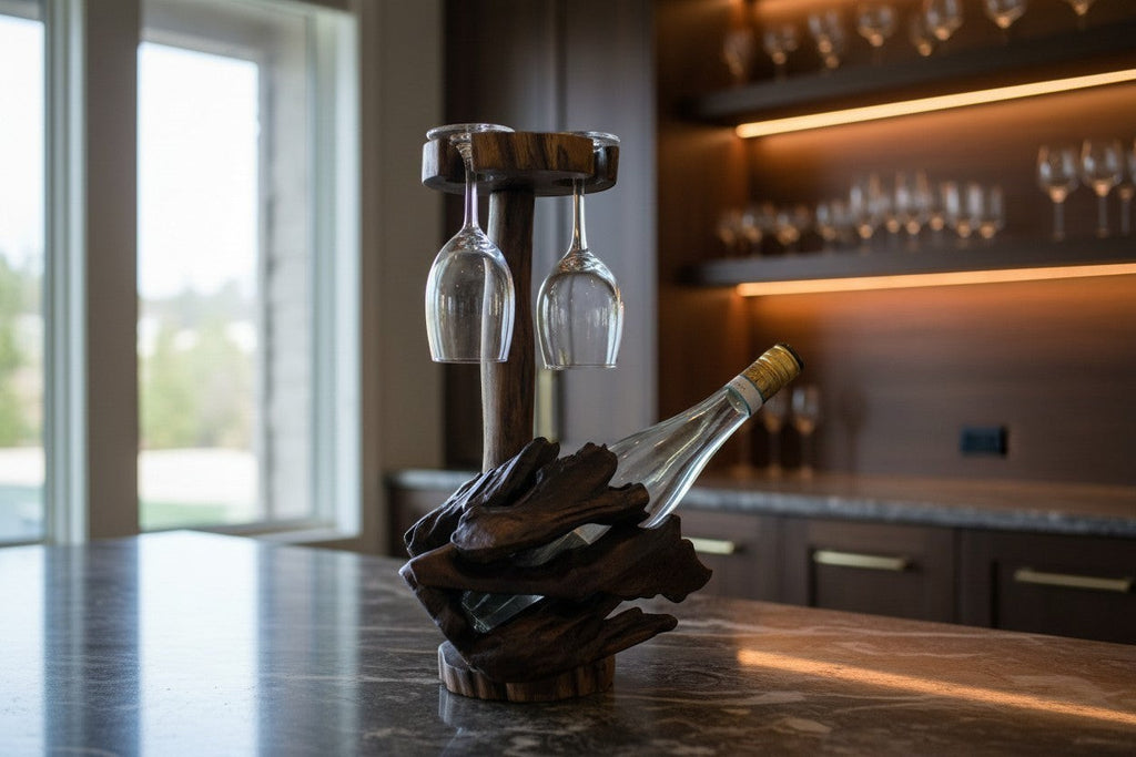 Natural Wonders USA rustic wood wine bottle holder and glass stand, dark wood, sculptural design, holds one bottle and two glasses.