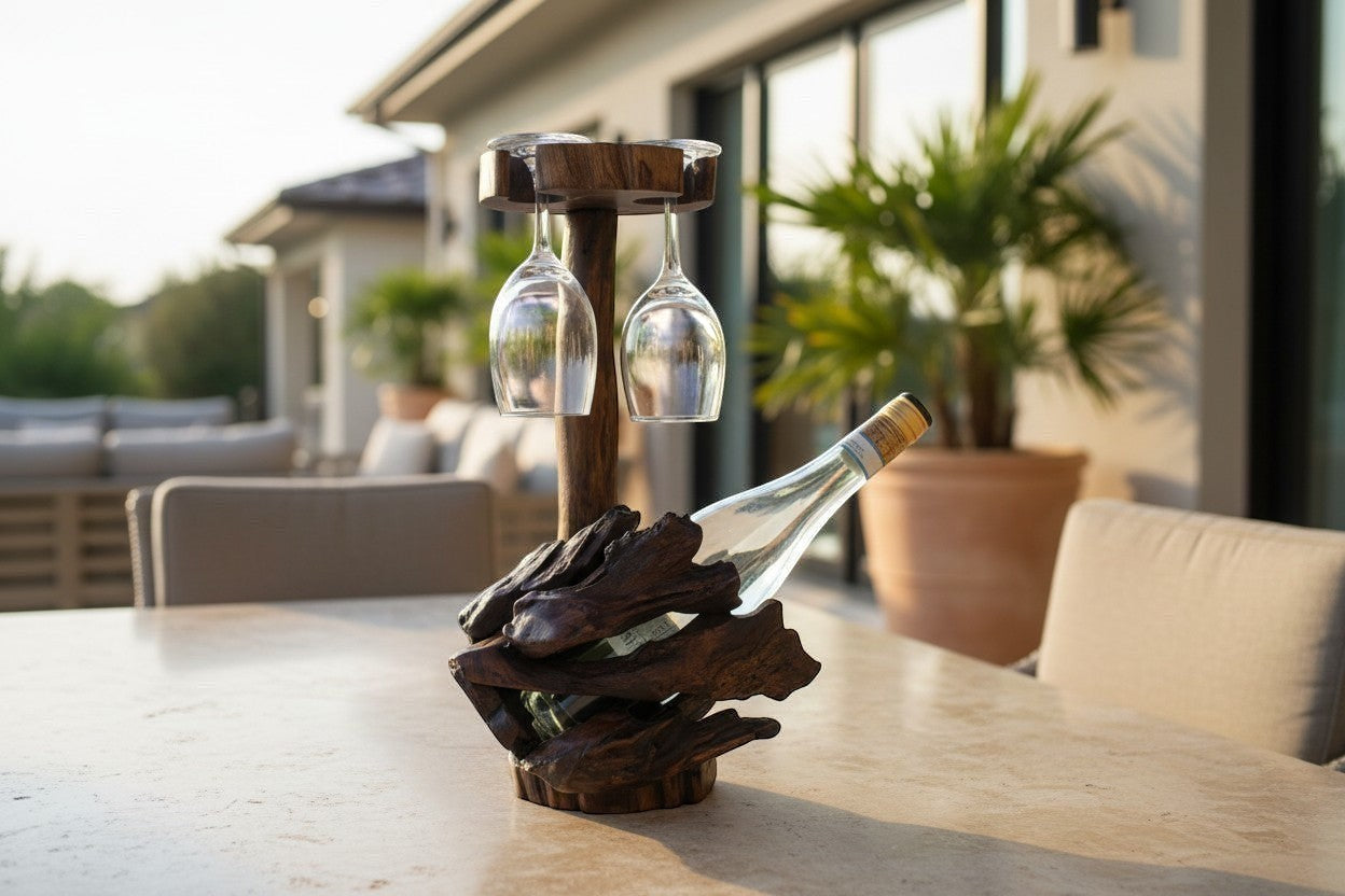 Natural Wonders USA rustic dark wood wine bottle holder with two hanging wine glasses and a wine bottle.