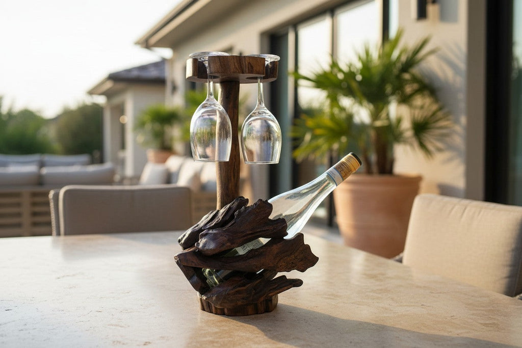 Natural Wonders USA rustic dark wood wine bottle holder with two hanging wine glasses and a wine bottle.