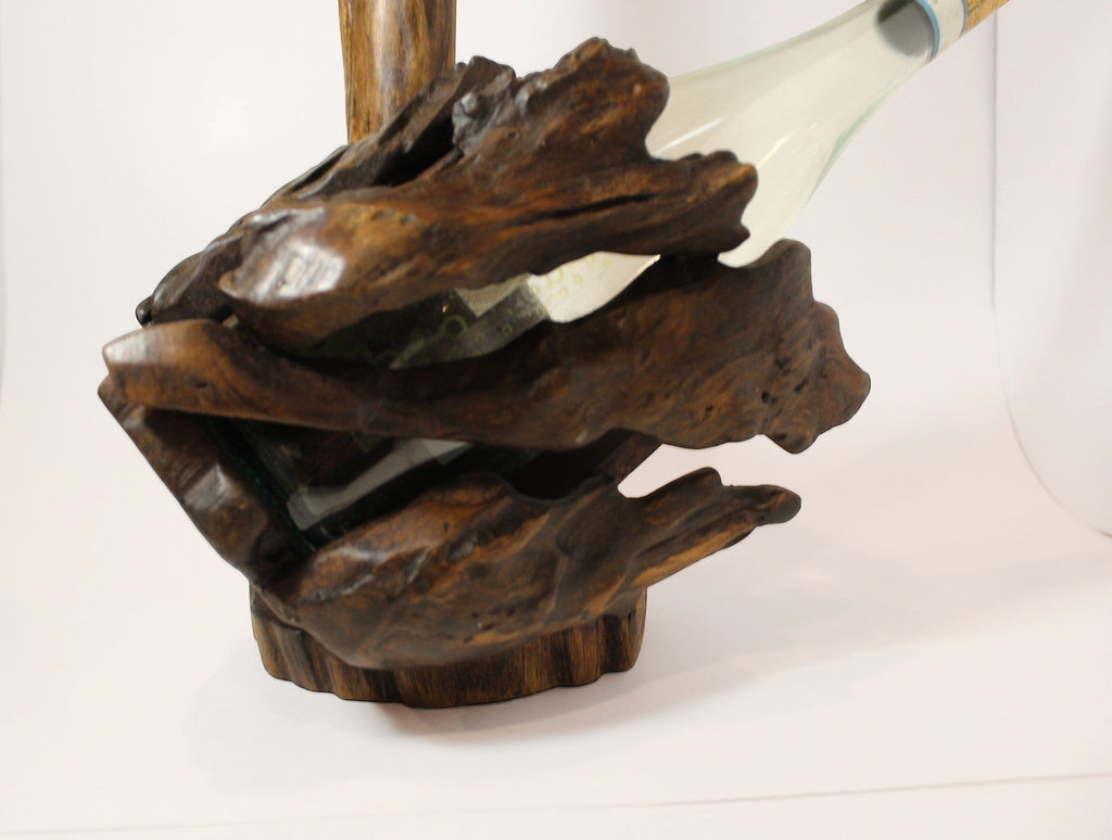 Natural Wonders USA rustic dark wood wine bottle holder and glass stand, handcrafted from reclaimed wood.