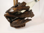 Natural Wonders USA rustic dark wood wine bottle holder and glass stand, handcrafted from reclaimed wood.