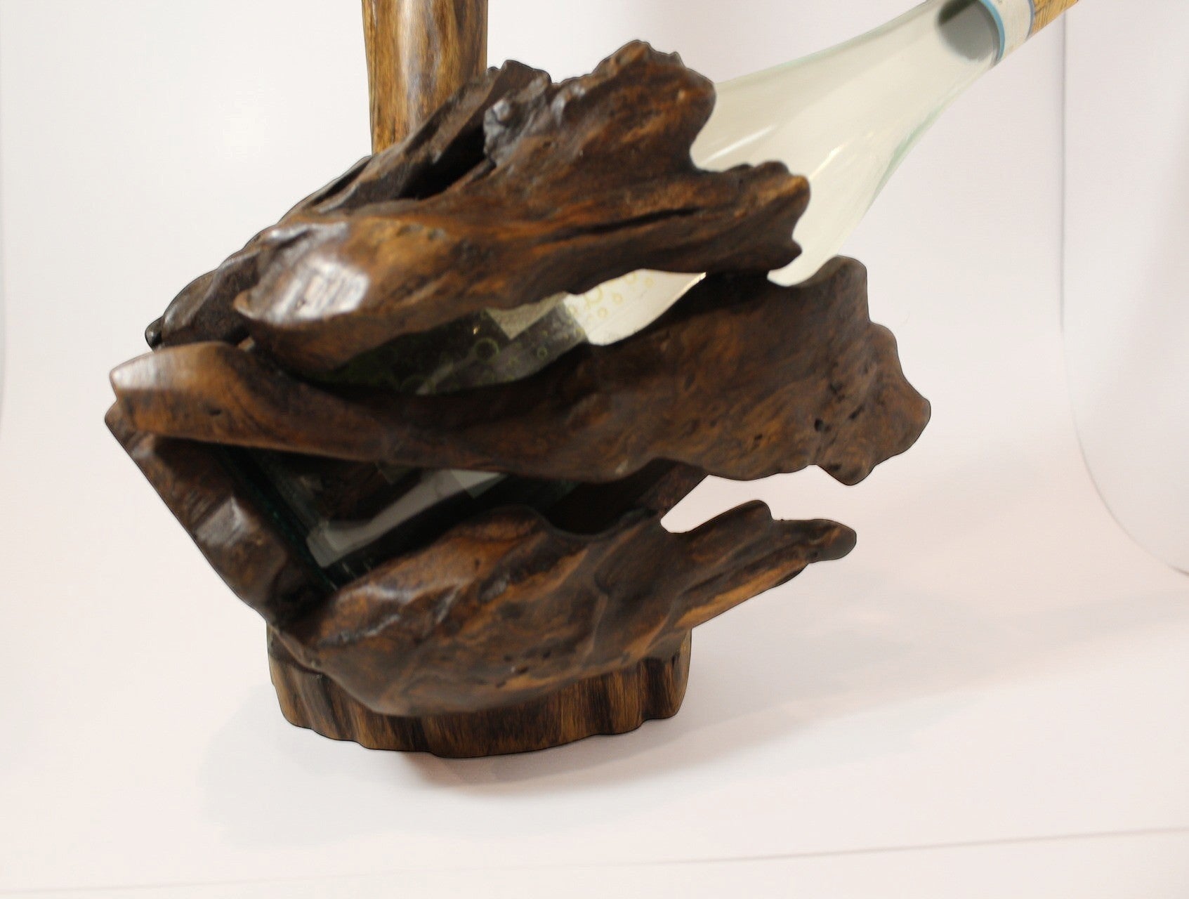 Natural Wonders USA rustic dark wood wine bottle holder and glass stand, handcrafted from reclaimed wood.