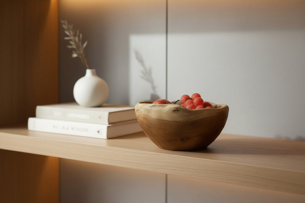 Natural Wonders USA rustic wooden serving bowl with irregular rim, filled with grapes and a peach. Hand adding grapes.