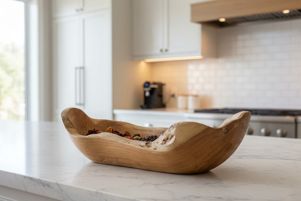 Natural Wonders USA rustic wooden trough bowl, handcrafted from a single piece of solid wood with natural grain and irregular edges.