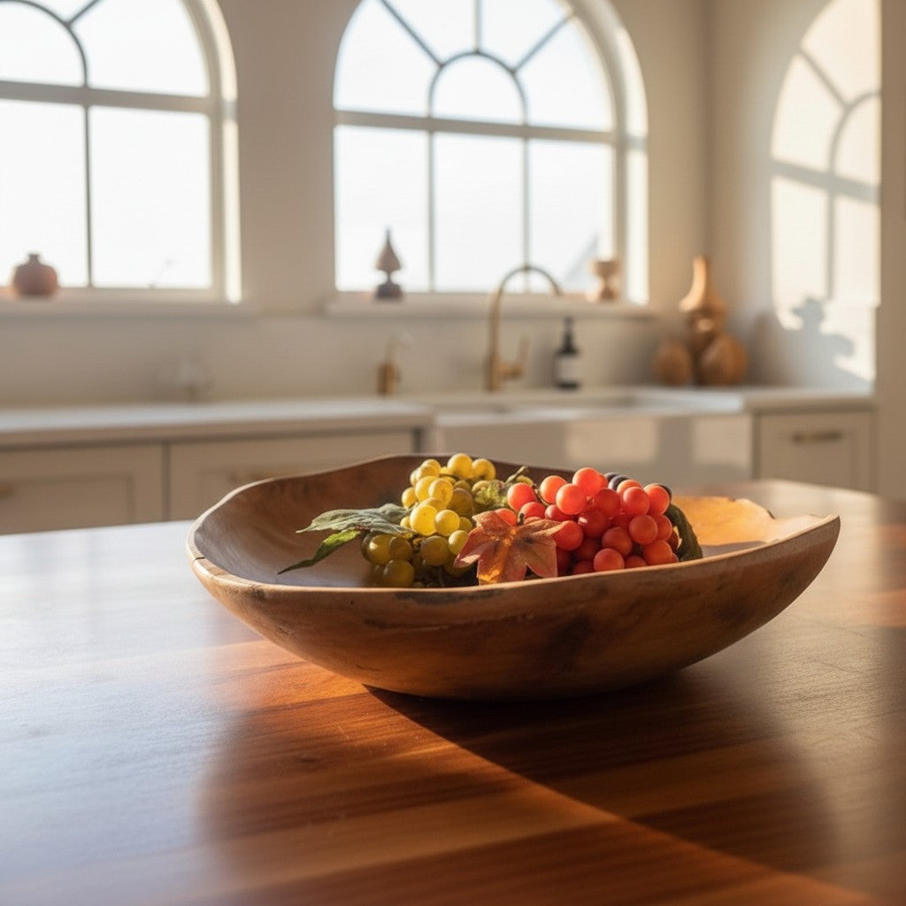 Natural Wonders USA 16" hand-crafted smooth teak serving bowl with grapes and autumn leaves.