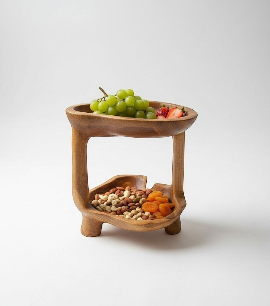 Natural Wonders USA teakwood tier stand, 12" tall, 10" wide, with two carved bowls for fruit or food display.
