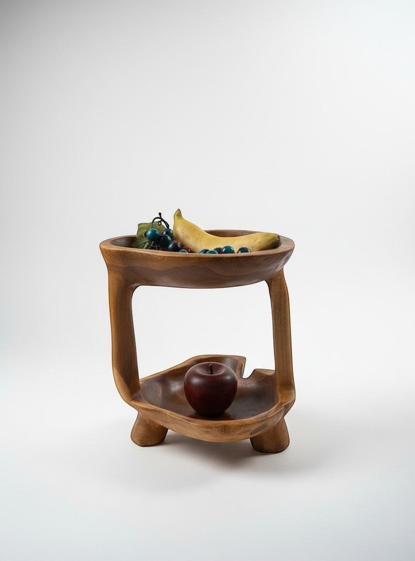 Natural Wonders USA teakwood tier stand, 12" tall, displaying faux fruit. Ideal for centerpieces or serving.