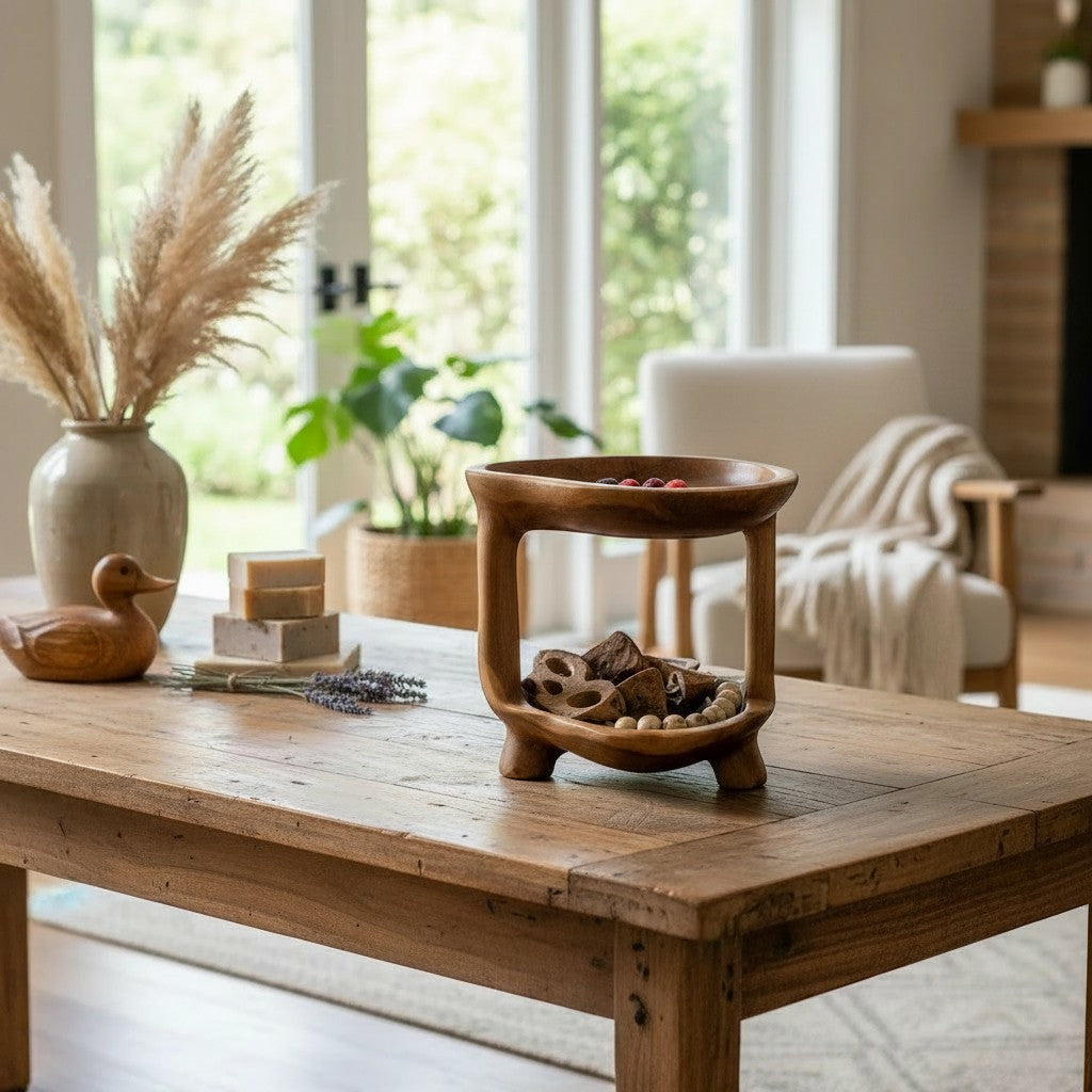 Natural Wonders USA teakwood tier stand with two levels, perfect for fruits or decor. A hand is shown adding berries to the top tier.