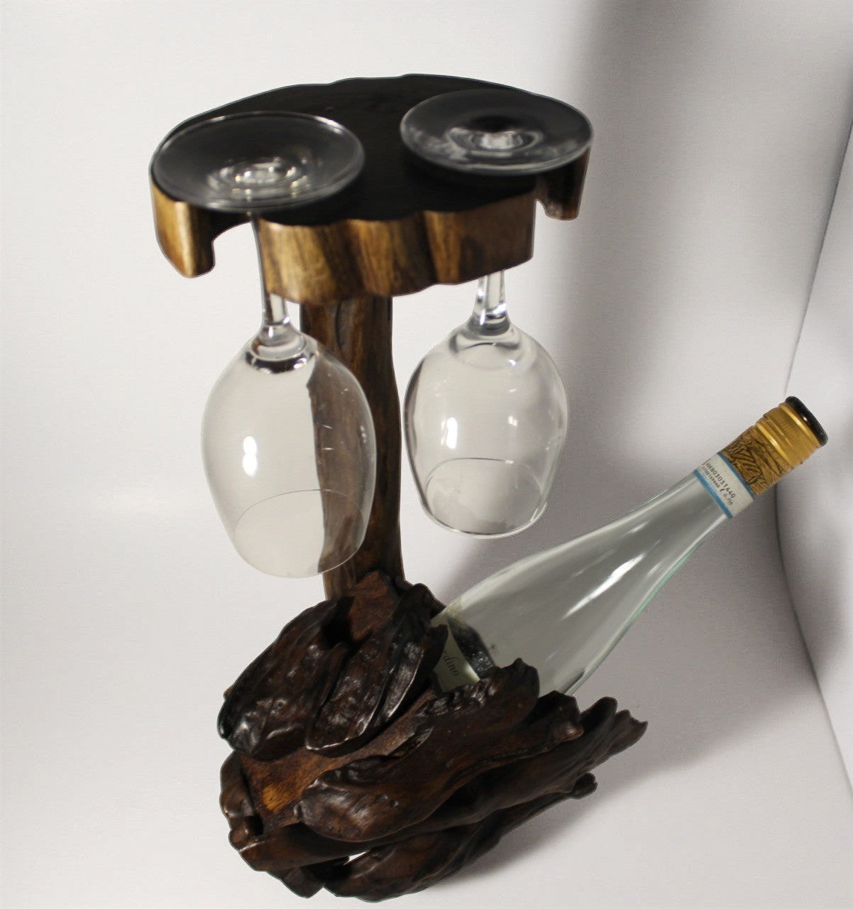 Natural Wonders USA rustic wood wine bottle holder and glass stand, dark wood, holds 1 bottle and 2 glasses.