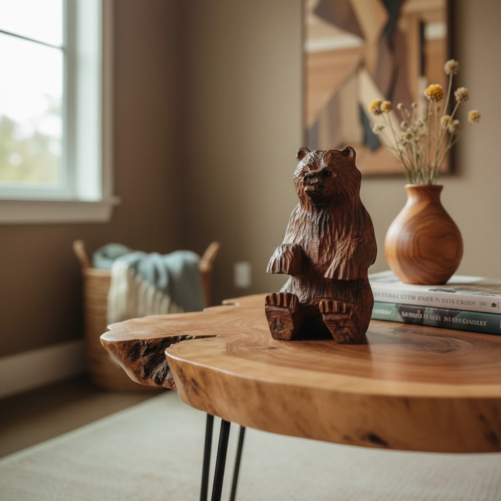 Natural Wonders USA rustic hand carved wooden bear figurine, seated, detailed wood grain, warm brown.
