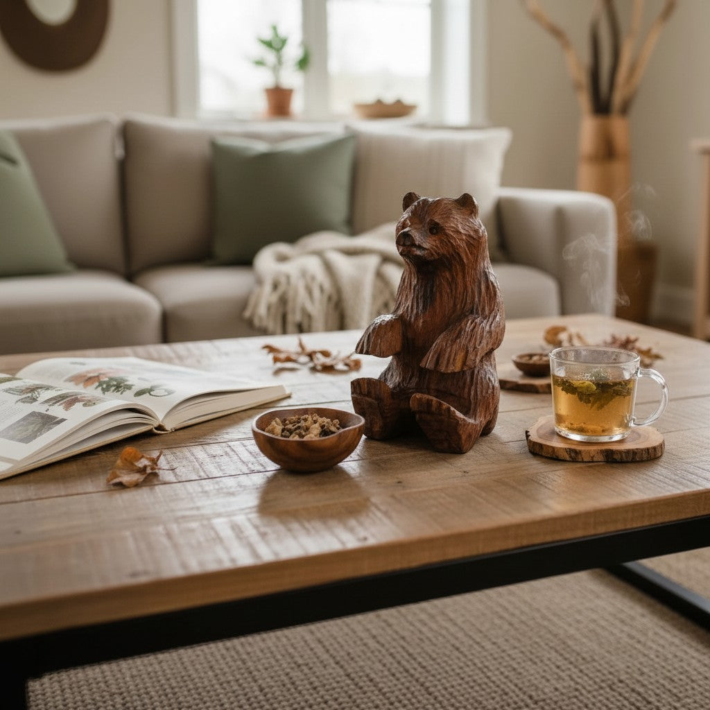 Natural Wonders USA rustic hand carved wooden bear figurine, seated, detailed wood grain, warm brown.