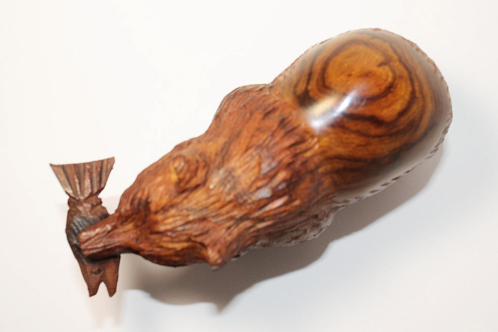 Natural Wonders USA hand-carved wooden bear figurine with fish. Dark wood with natural grain. Rustic, rustic decor.