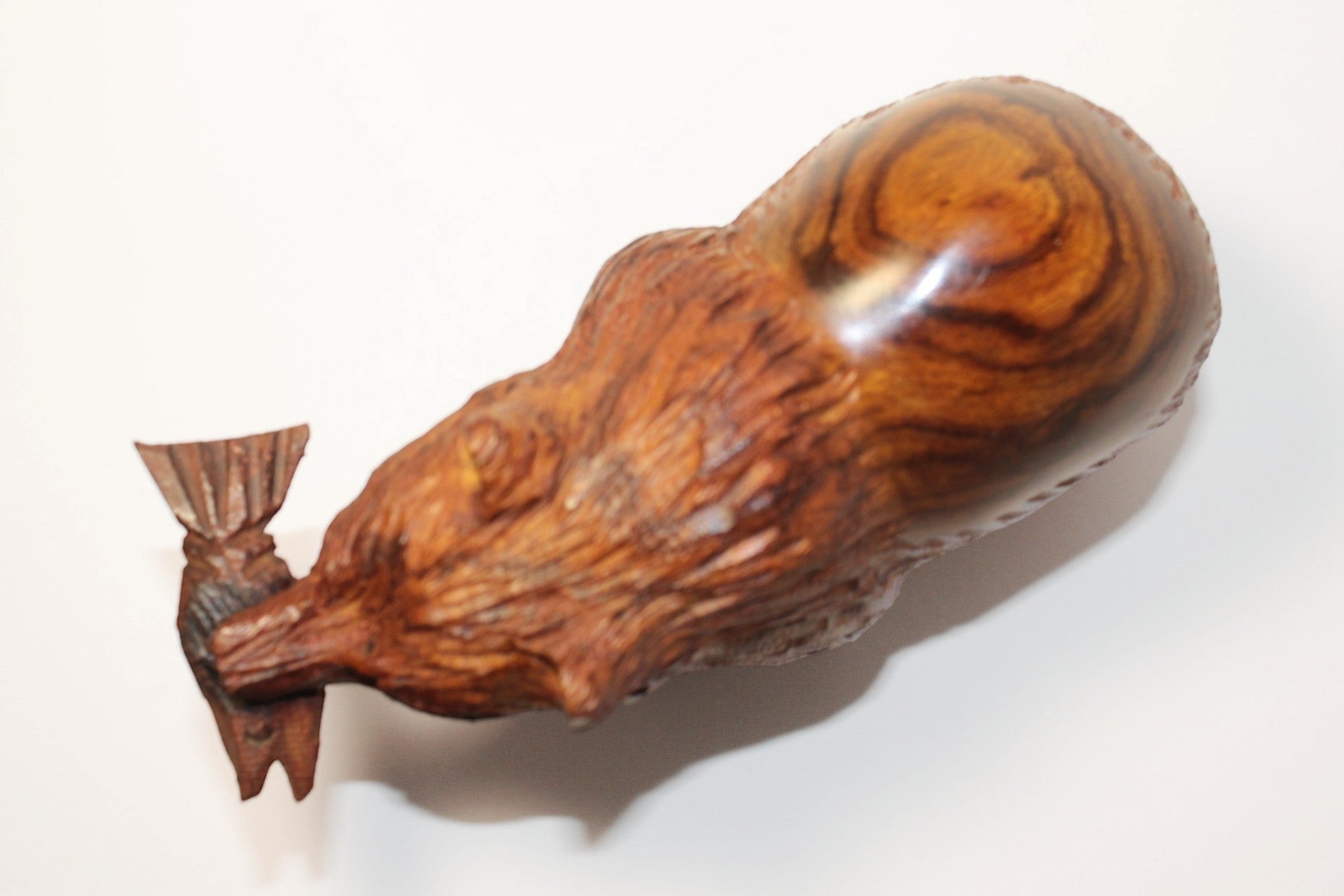 Natural Wonders USA hand-carved wooden bear figurine with fish. Dark wood with natural grain. Rustic, rustic decor.