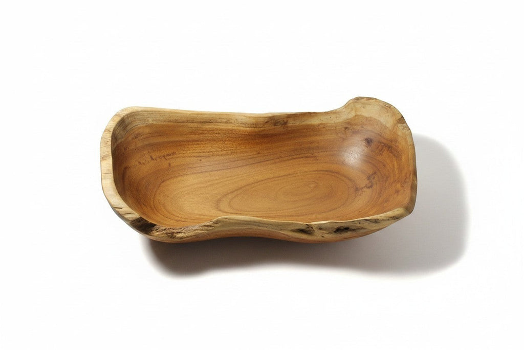 Natural Wonders USA rustic wooden trough bowl filled with yellow, purple, and blue flowers and greenery.