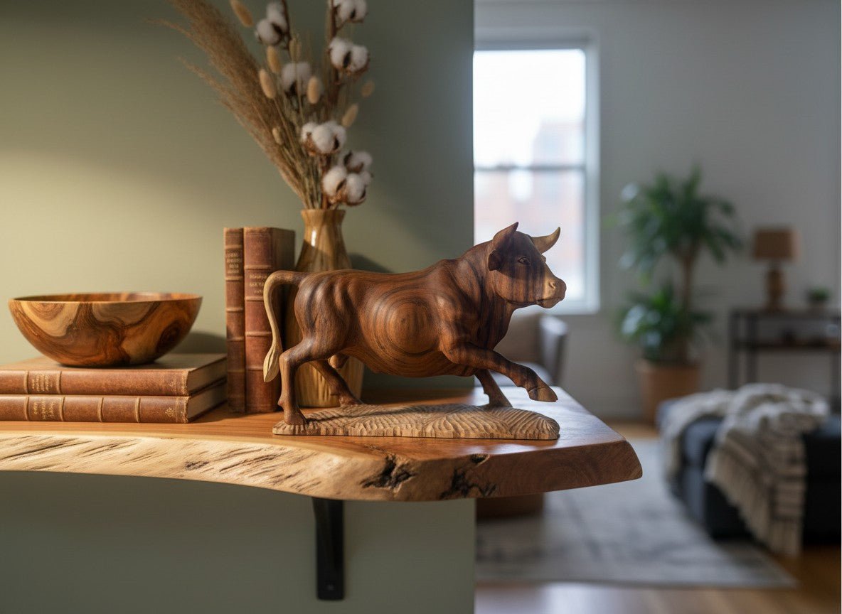 Natural Wonders USA hand-carved wooden bull sculpture, 10.5" tall x 11" long, showcasing intricate wood grain details.