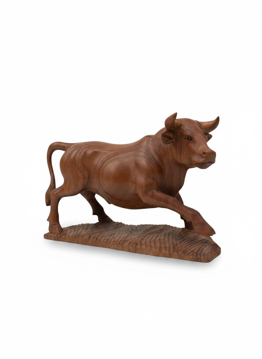 Natural Wonders USA hand-carved wooden bull sculpture, 10.5" tall x 11" long, showcasing intricate wood grain details.