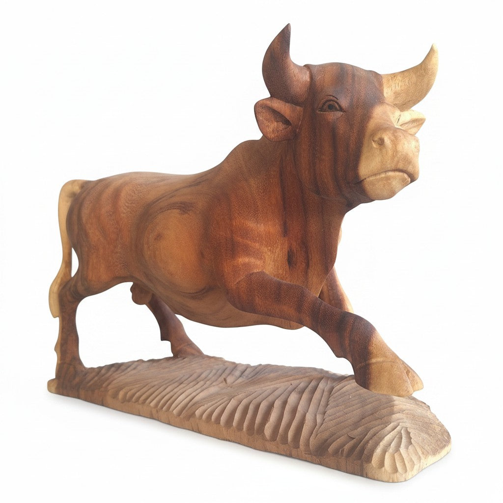 Natural Wonders USA hand-carved wooden bull sculpture, 10.5" tall x 11" long, showcasing wood grain and intricate details.