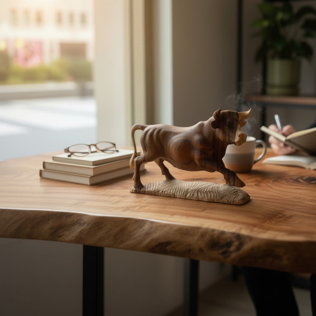 Natural Wonders USA hand-carved wooden bull sculpture, 10.5" tall x 11" long, detailed wood grain, on a textured base.