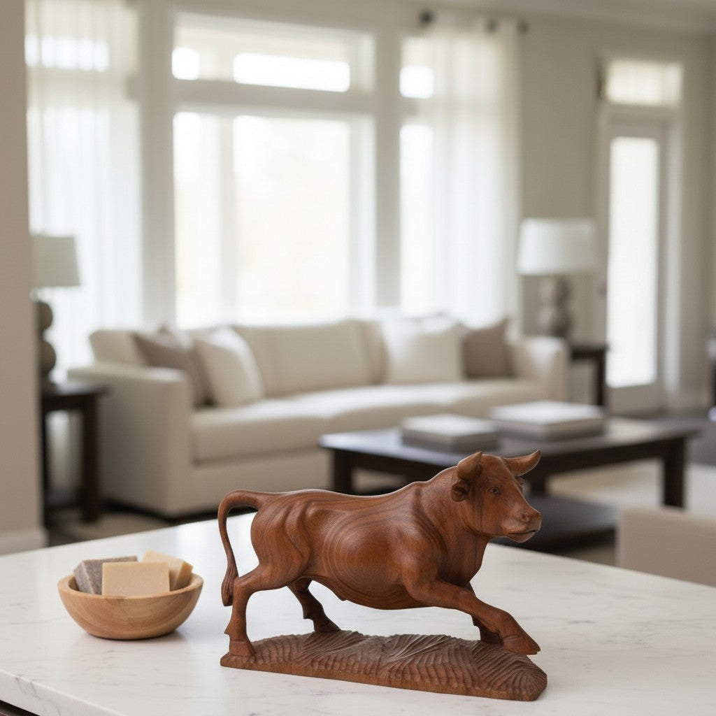 Natural Wonders USA hand-carved wooden bull sculpture, 10.5" tall x 11" long, detailed wood grain, on a marble countertop.