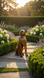 Natural Wonders USA wooden dog sculpture, 22" tall, with smooth curves and detailed carving, in a rustic style.