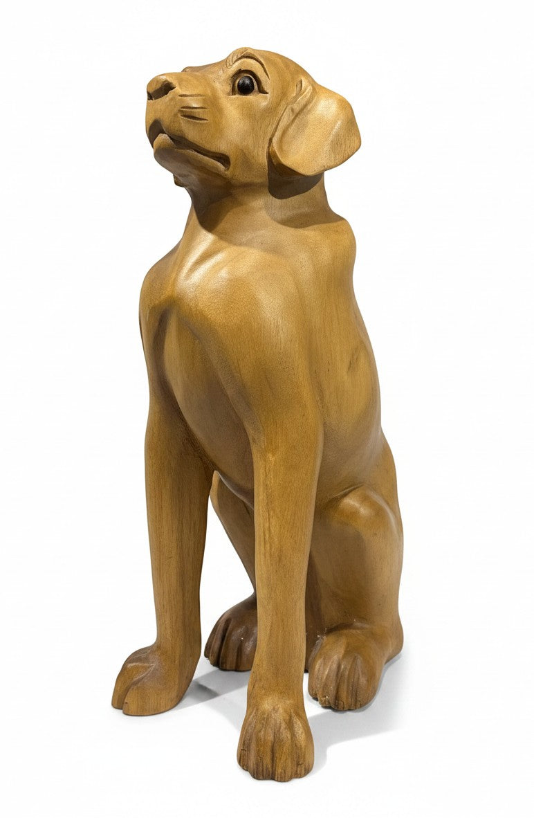 Natural Wonders USA wooden dog sculpture with smooth curves and detailed carving, 22" tall, natural wood finish.