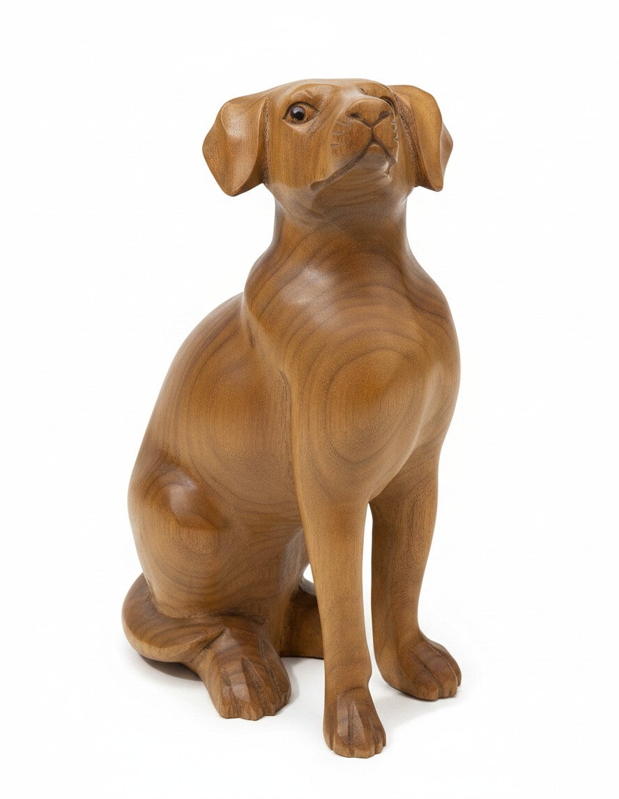 Natural Wonders USA wooden dog sculpture with smooth curves and detailed carving, 22" tall.
