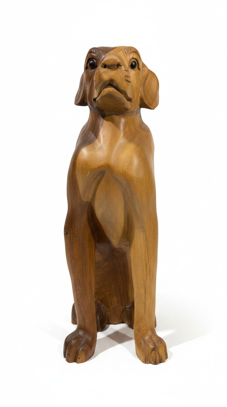 Natural Wonders USA wooden dog sculpture, 22" tall, with smooth curves and detailed carving in a rustic style.