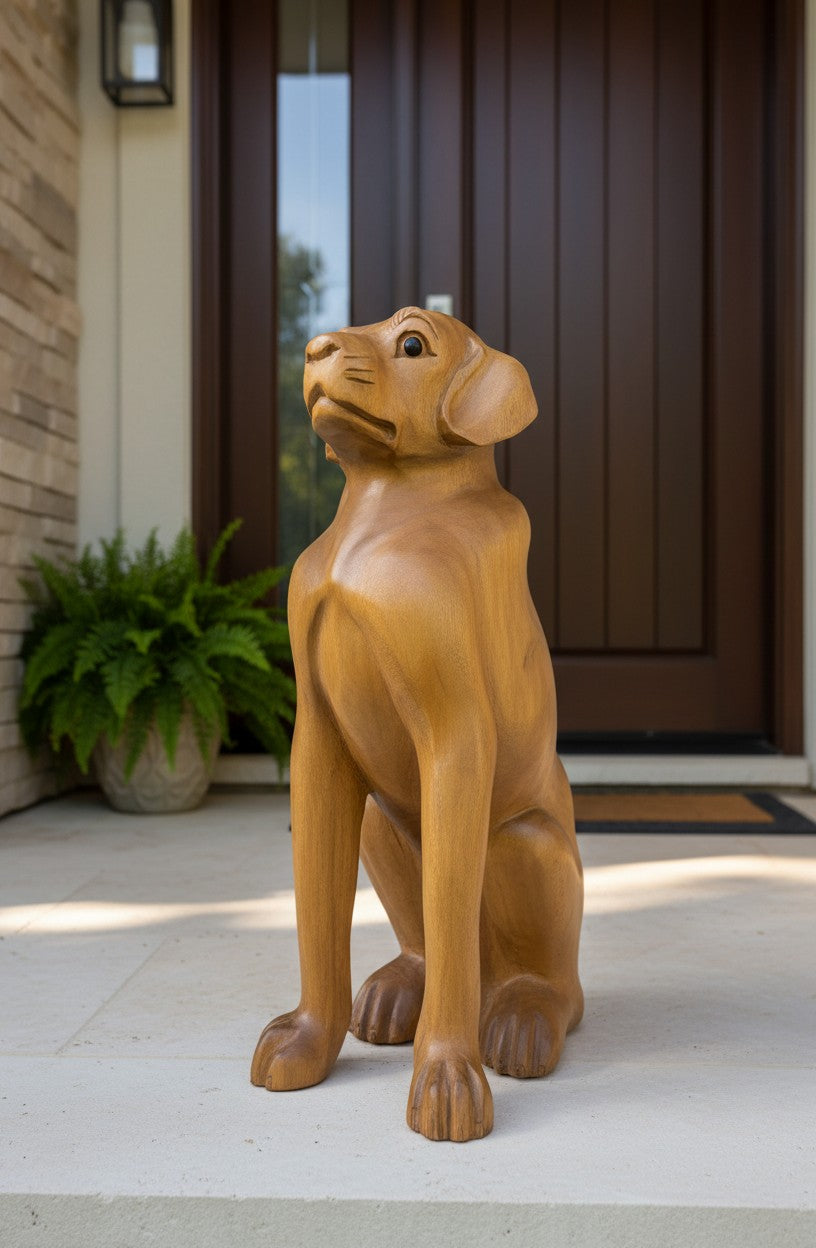 Natural Wonders USA wooden dog sculpture, 22" tall, with smooth curves and detailed carving, in a rustic style.