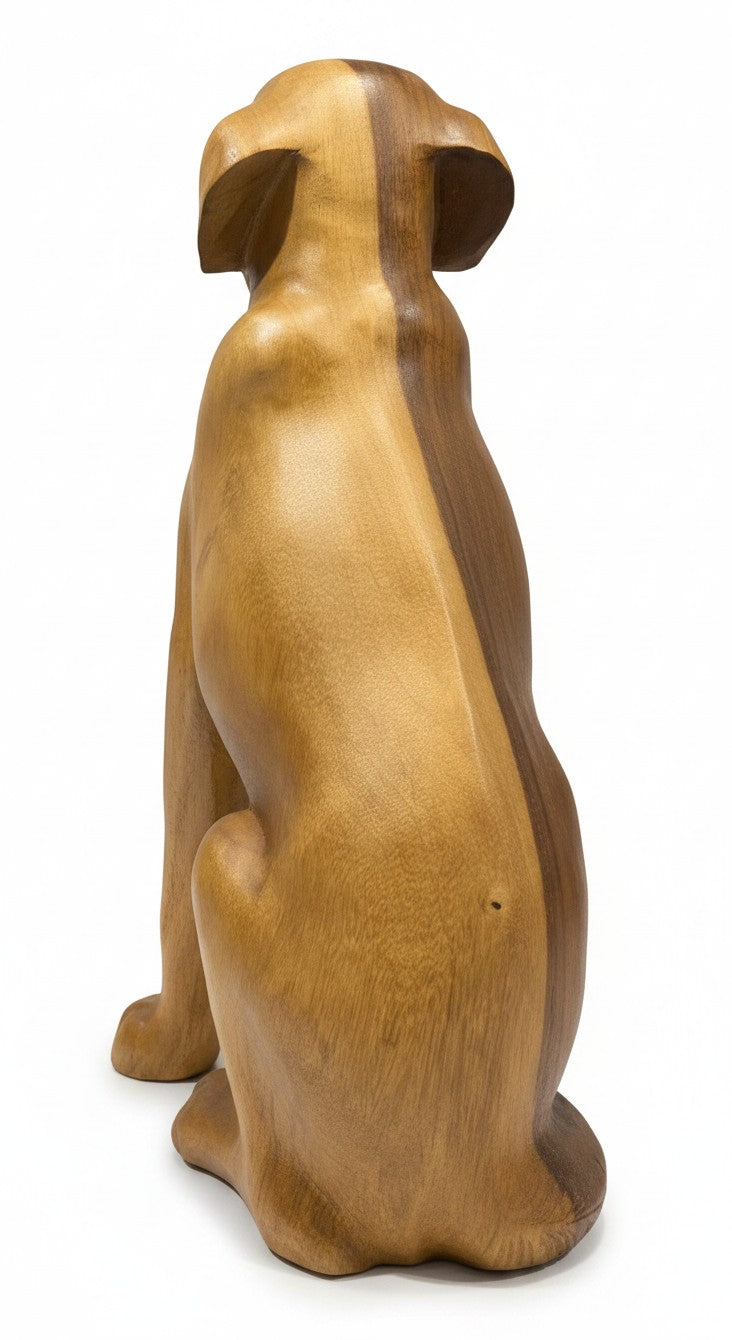 Natural Wonders USA wooden dog sculpture, 22" tall, crafted from two contrasting wood tones with smooth curves.