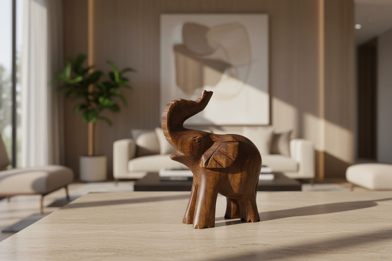 Natural Wonders USA dark wood elephant figurine with raised trunk, carved details, and natural grain.
