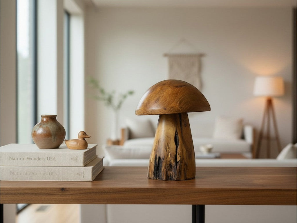 Natural Wonders USA mini wooden mushroom sculpture with natural grain texture and a whimsical charm.