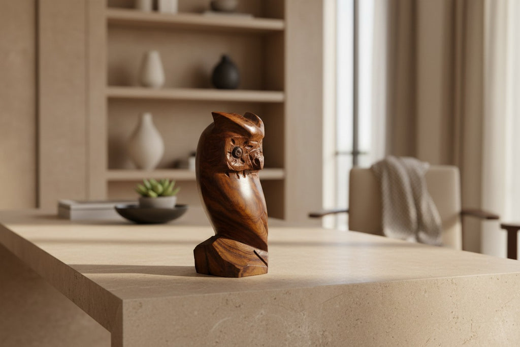 Natural Wonders USA hand-carved dark wood owl figurine with intricate feather details and natural grain.