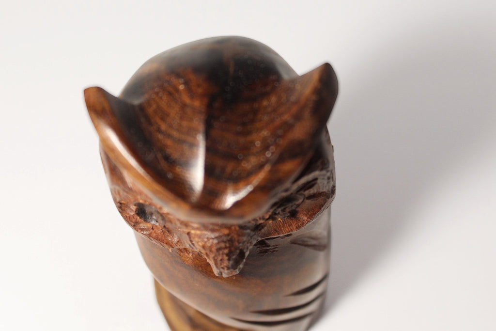 Natural Wonders USA hand-carved dark wood owl figurine with intricate feather details and natural grain patterns.