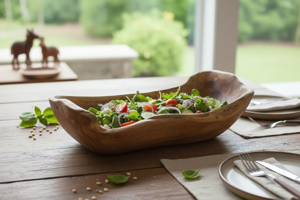 Natural Wonders USA rustic wooden trough bowl filled with salad, featuring a free-form shape and natural grain.